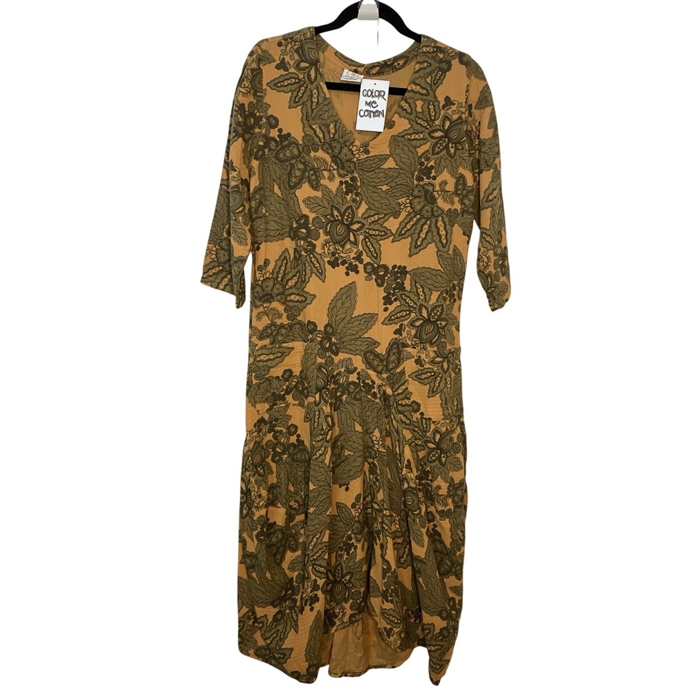 Color Me Cotton CMC Inca Gold Floral Gauze Draped Dress V-Neck GGF5615 NWT M